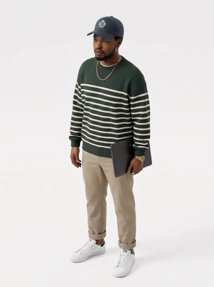 Bolutife Bankole, standing, in a green striped jumper, sand trousers and a slate cap.
