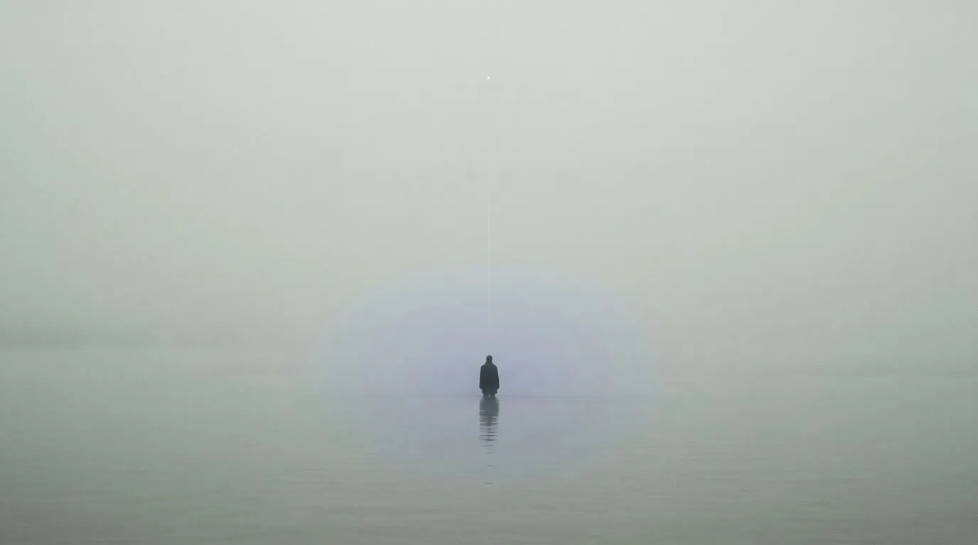 A lone dark-coated figure standing in still, mirror-calm water under thick white fog, an indigo glow around them and one faint star overhead.