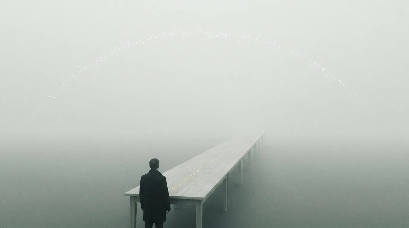 A lone dark-coated figure standing at the near end of a long empty table that recedes into white fog, beneath a faint arc of small stars.
