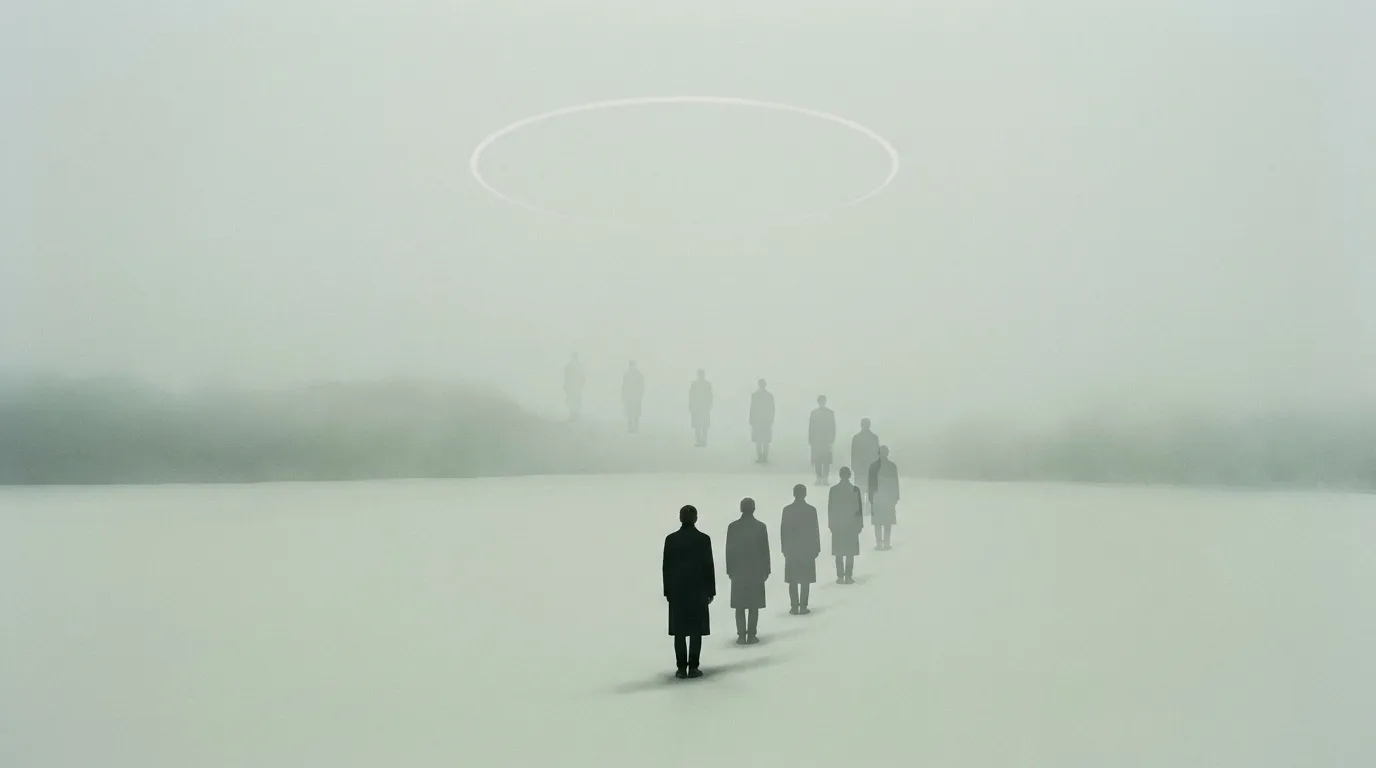A line of coated figures walking away across pale ground into thick fog, each one fainter than the last, beneath a thin luminous ring hanging in the white sky.