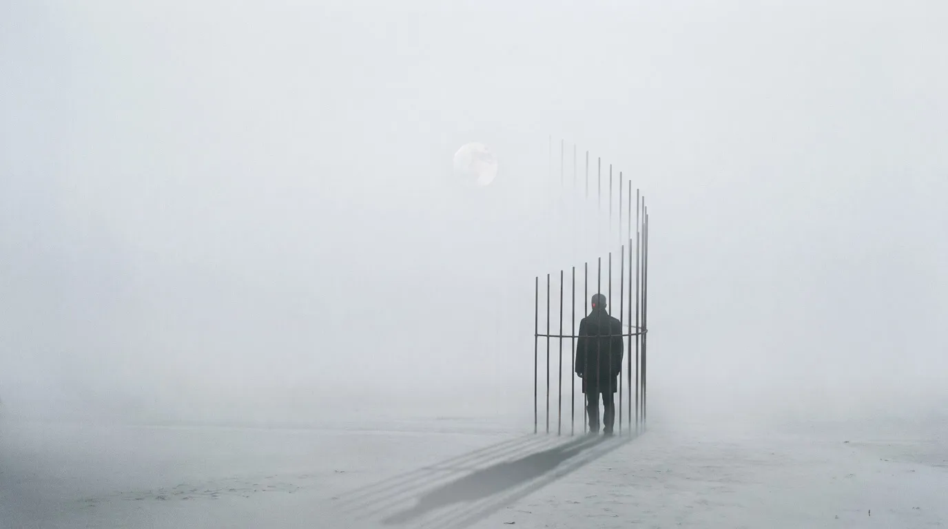 A lone dark-coated figure standing in fog with thin iron cage bars rising straight through their silhouette, a faint red glint at the head and a pale full moon overhead.