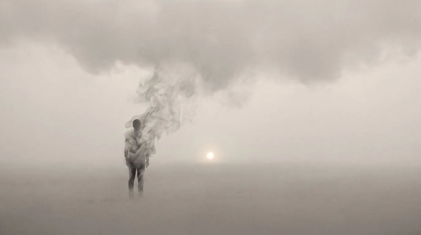 A standing figure made of drifting smoke dissolving upward into the low cloud above it, with a faint bloom of warm light on the far horizon.